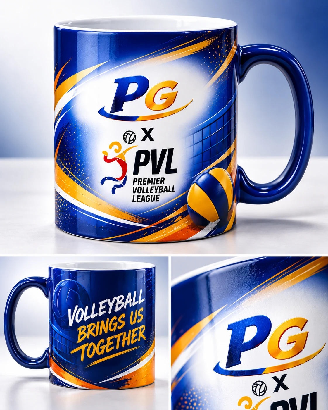 Bughaw at gintong tasa ng kape ng PG at PVL na may nakasulat na Volleyball Brings Us Together sa likod