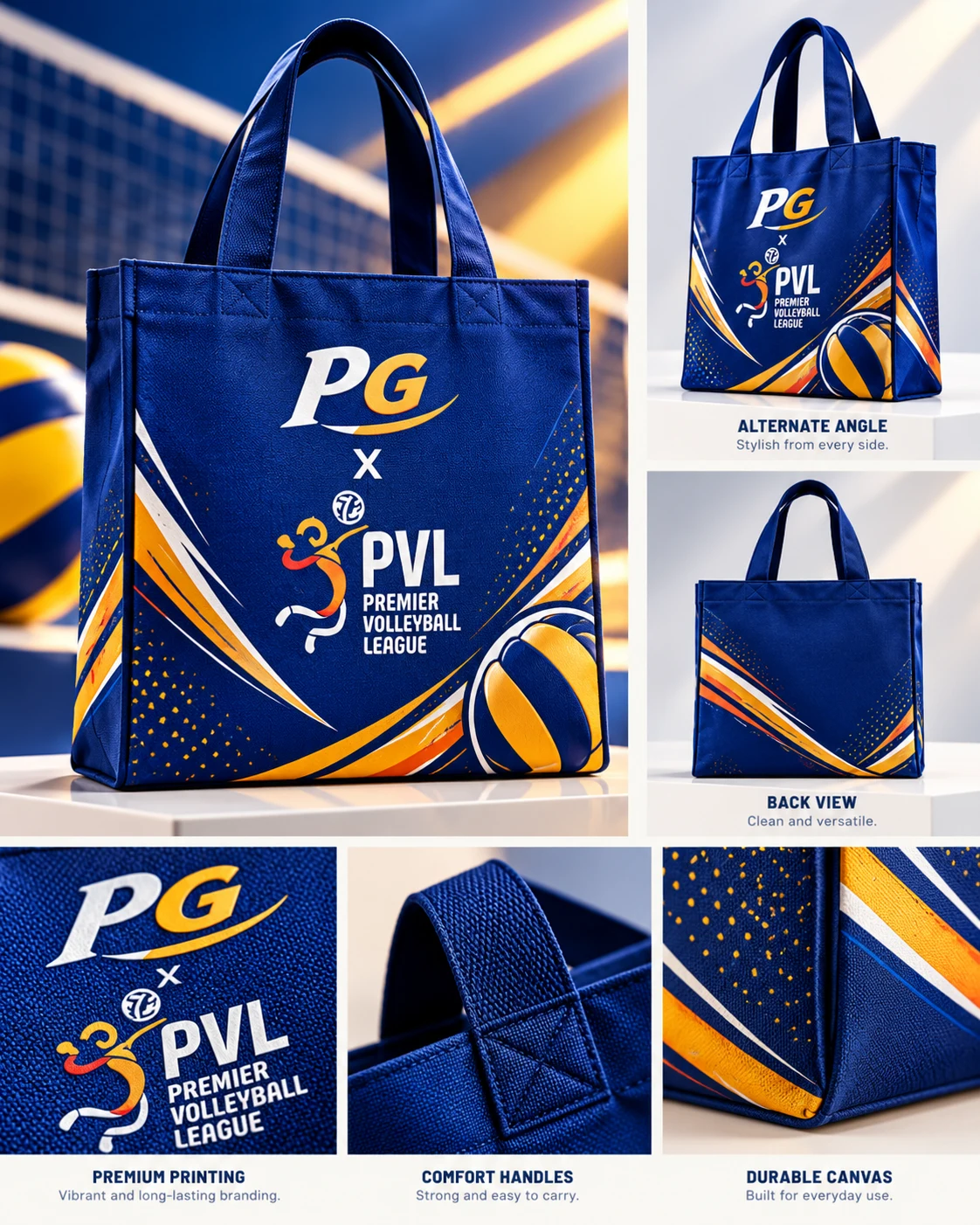 Bughaw na tote bag ng PG at PVL na may hawakan at gintong disenyong volleyball, mula sa iba't ibang anggulo